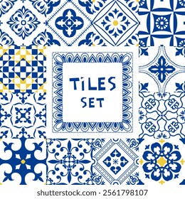 Set of seamless tiles Azulejos in blue and white. Original traditional Portuguese and Spain decor. Seamless patchwork tile with Victorian motives. Ceramic tile in talavera style. Gaudi mosaic. Vector