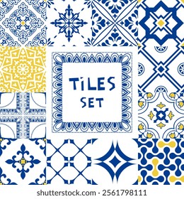 Set of seamless tiles Azulejos in blue and white. Original traditional Portuguese and Spain decor. Seamless patchwork tile with Victorian motives. Ceramic tile in talavera style. Gaudi mosaic. Vector