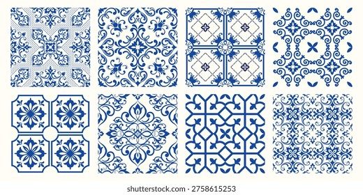 Set of seamless tiles Azulejos in blue and white. Original traditional Portuguese and Spain decor. Tiles with Victorian motives. Vector