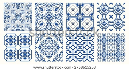 Set of seamless tiles Azulejos in blue and white. Original traditional Portuguese and Spain decor. Tiles with Victorian motives. Vector