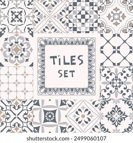 Conjunto de azulejos sin costura Azulejos en gris. Original tradicional portugués y decoración de España. Baldosa de patchwork sin costuras con motivos victorianos. Baldosa cerámica en estilo talavera. Mosaico de Gaudí. Vector