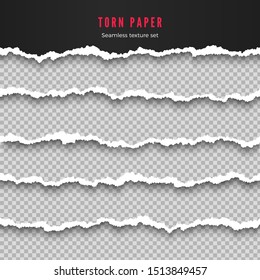 Set of seamless torn paper border stripes. Paper texture with damaged edge isolated on transparent background. Vector illustration 