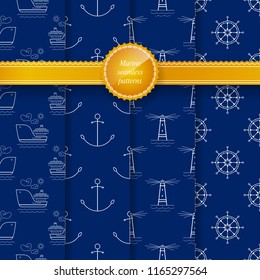 Set of Seamless Travel Pattern, Lighthouse and Ship's Wheel, Ship and Anchor, Marine Summer Pattern, Travel and Tourism Concept , Vector Illustration