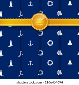 Set of Seamless Travel Pattern, Lighthouse and Ship Bell , Porthole and Anchor, Marine Summer Pattern, Travel and Tourism Concept , Vector Illustration