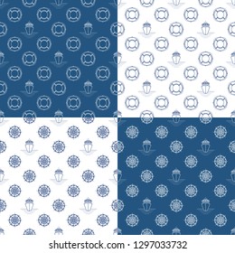 Set of Seamless Travel Patterns with Cruise Ship , Lifebuoy and Windrose, Maritime Tourism Concept , Line Style Design, Vector Illustration
