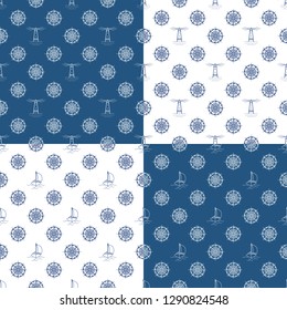 Set of Seamless Travel Patterns with Yacht , Lighthouse and Windrose, Maritime Tourism Concept , Line Style Design, Vector Illustration