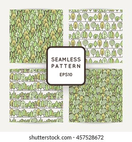 Set of seamless tree pattern. Background vector line ornament.