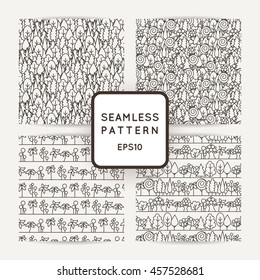 Set of seamless tree pattern. Background vector line ornament.