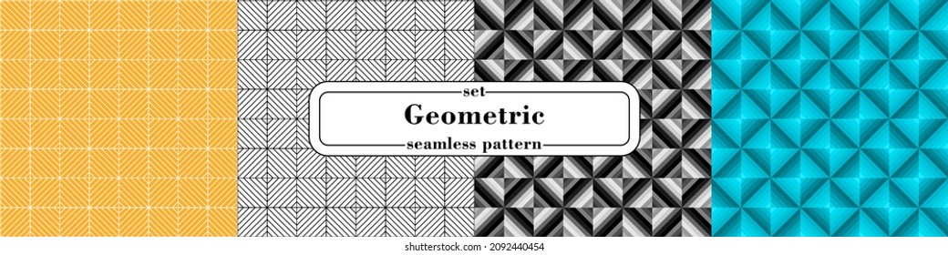 A set of seamless, trendy geometric patterns: black and white, monochrome, perforated, color. Print for fabric or wrapping paper. Stock vector illustration.