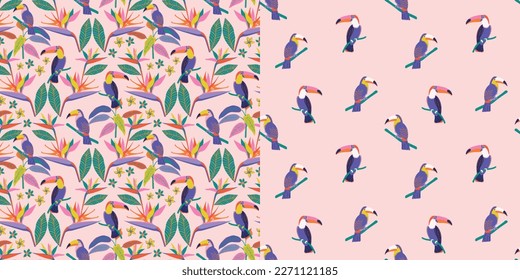 Conjunto de patrones vectoriales de moda sin fisuras con los turistas en una rama y follaje. Impresión tropical con plantas exóticas y pájaro. 