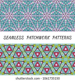 Set of seamless triangle patchwork patterns. Abstract hand drawn art, stylized floral doodle ornament. Tribal ethnic arabic, indian decor. Vector collage quilt pattern. Textile fabric paper print