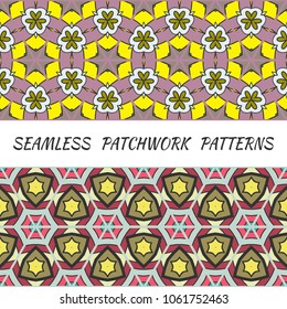 Set of seamless triangle patchwork patterns. Abstract hand drawn art, stylized floral doodle ornament. Tribal ethnic arabic, indian decor. Vector collage quilt pattern. Textile fabric paper print