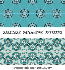 Set of seamless triangle patchwork patterns. Abstract hand drawn art, stylized floral doodle ornament. Tribal ethnic arabic, indian decor. Vector collage quilt pattern. Textile fabric paper print