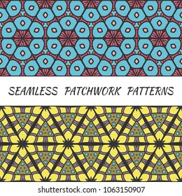 Set of seamless triangle patchwork patterns. Abstract hand drawn art, stylized floral doodle ornament. Tribal ethnic arabic, indian decor. Vector collage quilt pattern. Textile fabric paper print