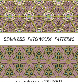 Set of seamless triangle patchwork patterns. Abstract hand drawn art, stylized floral doodle ornament. Tribal ethnic arabic, indian decor. Vector collage quilt pattern. Textile fabric paper print