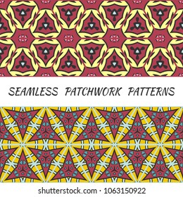 Set of seamless triangle patchwork patterns. Abstract hand drawn art, stylized floral doodle ornament. Tribal ethnic arabic, indian decor. Vector collage quilt pattern. Textile fabric paper print