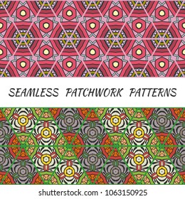 Set of seamless triangle patchwork patterns. Abstract hand drawn art, stylized floral doodle ornament. Tribal ethnic arabic, indian decor. Vector collage quilt pattern. Textile fabric paper print