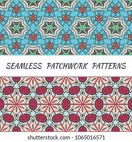 Set of seamless triangle patchwork patterns. Abstract hand drawn art, stylized floral doodle ornament. Tribal ethnic arabic, indian decor. Vector collage quilt pattern. Textile fabric paper print