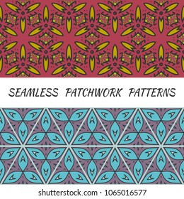 Set of seamless triangle patchwork patterns. Abstract hand drawn art, stylized floral doodle ornament. Tribal ethnic arabic, indian decor. Vector collage quilt pattern. Textile fabric paper print