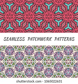 Set of seamless triangle patchwork patterns. Abstract hand drawn art, stylized floral doodle ornament. Tribal ethnic arabic, indian decor. Vector collage quilt pattern. Textile fabric paper print