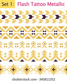 Set of Seamless Tribal Ornaments. Flash Tattoo Ethnic Patterns. Seamless Aztec Flash Tattoo Metallic Elements on White. Vector illustration