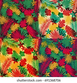 A set of seamless tropical jungle pattern with leaves, plants and flowers. Retro offset print effect, color overlay, anaglyph. Hibiscus, ferns and tropical foliage.