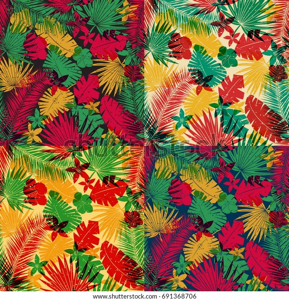 Set Seamless Tropical Jungle Pattern Leaves Stock Vector Royalty Free 691368706