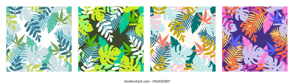 Conjunto de patrones tropicales sin fisuras con plantas exóticas y hojas de palma. Patrón floral de estilo hawaiano. Plantas y hojas coloridas sobre fondo oscuro. Dibujar a mano ilustración vectorial.