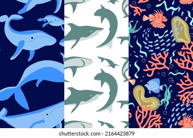 Set of seamless underwear pattern with seabed and coral reef life. Flat Art Vector illustration.