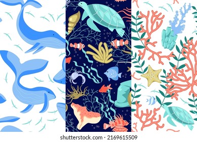 Set of seamless underwear pattern with seabed and coral reef life. Flat Art Vector illustration.