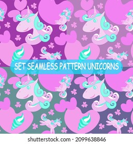 Set seamless unicorn pattern. Cheerful eats ice cream,smiles, jumps. On a dark blue, purple, gray background, for children and use in textile, paper, plastic production.