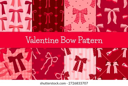 Conjunto de patrones de lazo de San Valentín sin costuras en tonos rojos y rosados. Perfecto para envolver papel, tela, tarjetas, Fondos de pantalla, embalaje y diseños de vacaciones románticas.