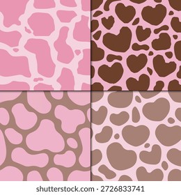 Conjunto de estampados de vacas de San Valentín sin costuras que combinan manchas de vacas clásicas con Formas de corazón en tonos rosados y marrones. Ideal para tela, papel de embalaje, embalaje, papelería y diseños románticos lindos.