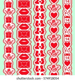 Set of seamless valentine day vertical borders. Tape stencil for wedding theme or love or birthday. Vector illustration