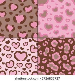 Conjunto de estampados de leopardo de San Valentín sin costuras que combinan manchas de leopardo clásicas con Formas de corazón en tonos rosados y marrones. Perfecto para la tela, papel de embalaje, embalaje, papelería, y diseños románticos lindos.