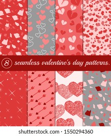 Set of seamless valentine's day patterns in pink colors. Vector graphics.