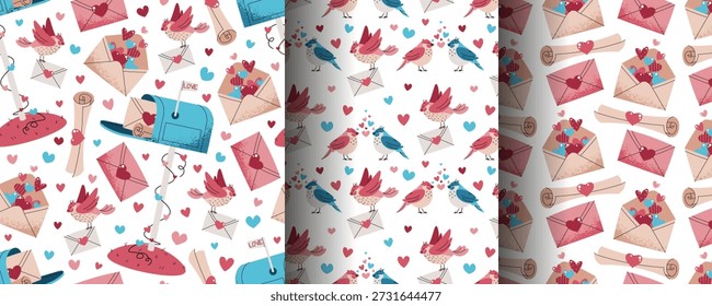 Set of Seamless Valentine's Day Patterns in Flat Style. Mail, Love Letter, Envelope, Lovebirds. Romantic Design. Perfect Texture for Gift Wrap, Wallpaper, Fabric and Packaging
