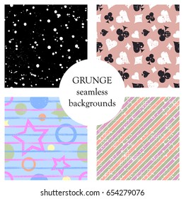 Set of seamless vector abstract grunge patterns, different backgrounds with stars, circle, lines, crancle, icons of playings cards Grungy texture with attrition, cracks ambrosia Old style design