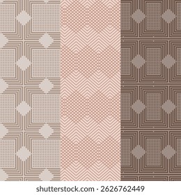 Um conjunto de padrões modernos abstratos vetoriais sem costura, com linhas e formas geométricas.