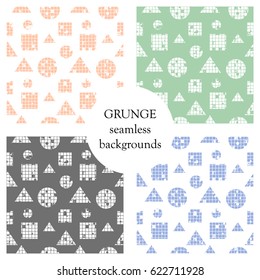 Set of seamless vector abstract pattern. geometric background with circles, squares, triangles. Grunge texture with attrition, cracks and ambrosia. Old style vintage design. Graphic illustration.