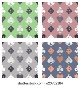 Set of seamless vector abstract pattern background with icons of playings cards Grunge texture with attrition, cracks ambrosia Old style design Graphic illustration Series of Gaming, Gambling Patterns