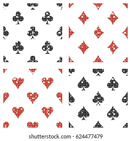 Set of seamless vector abstract pattern background with icons of playings cards Grunge texture with attrition, cracks ambrosia Old style design Graphic illustration Series of Gaming, Gambling Patterns