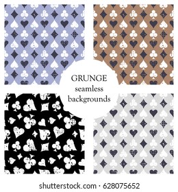Set of seamless vector abstract pattern background with icons of playings cards Grunge texture with attrition, cracks and ambrosia. Old style design Graphic illustration.