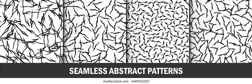 Set of seamless vector abstract patterns. Collection of black and white chaotic elements backgrounds. For fabric, textile, design, cover, wrapping. 10 eps.