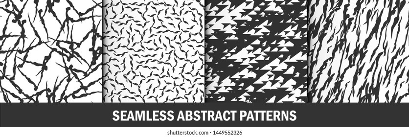 Set of seamless vector abstract patterns. Collection of black and white chaotic elements backgrounds. For fabric, textile, design, cover, wrapping. 10 eps.