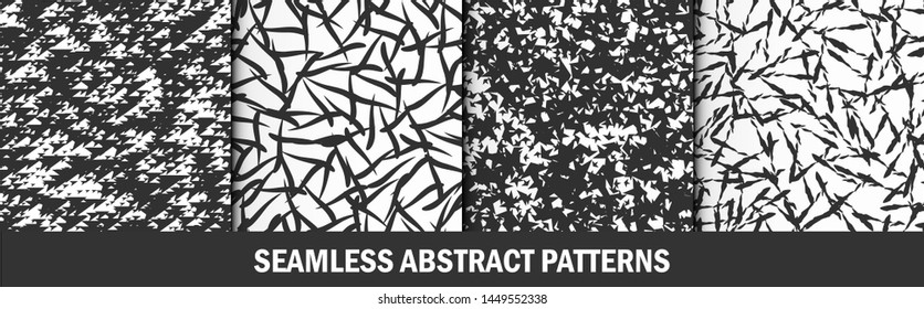 Set of seamless vector abstract patterns. Collection of black and white chaotic elements backgrounds. For fabric, textile, design, cover, wrapping. 10 eps.