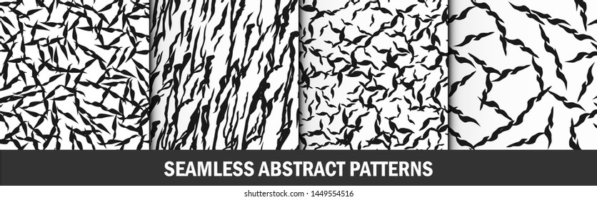 Set of seamless vector abstract patterns. Black and white chaotic elements backgrounds. For fabric, textile, design, cover, wrapping.