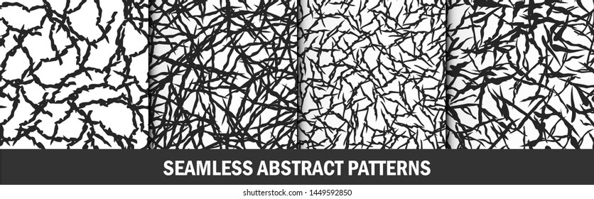 Set of seamless vector abstract patterns. Black and white chaotic elements backgrounds. For fabric, textile, design, cover, wrapping. 10 eps.