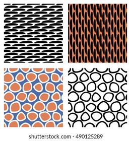 Set of seamless vector abstract patterns with hand drawn decorative elements. Black, red, white backgrounds with hand drawn circles, lines. Decorative repeating vector ornament. 