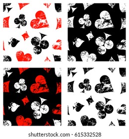 Set of seamless vector abstract patterns, backgrounds with icons of playings cards Grunge texture with attrition, cracks and ambrosia. Old style design Series of Gaming, Gambling Patterns